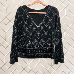 NWOT Express Black and Silver Sequin V Neck Blouse Small